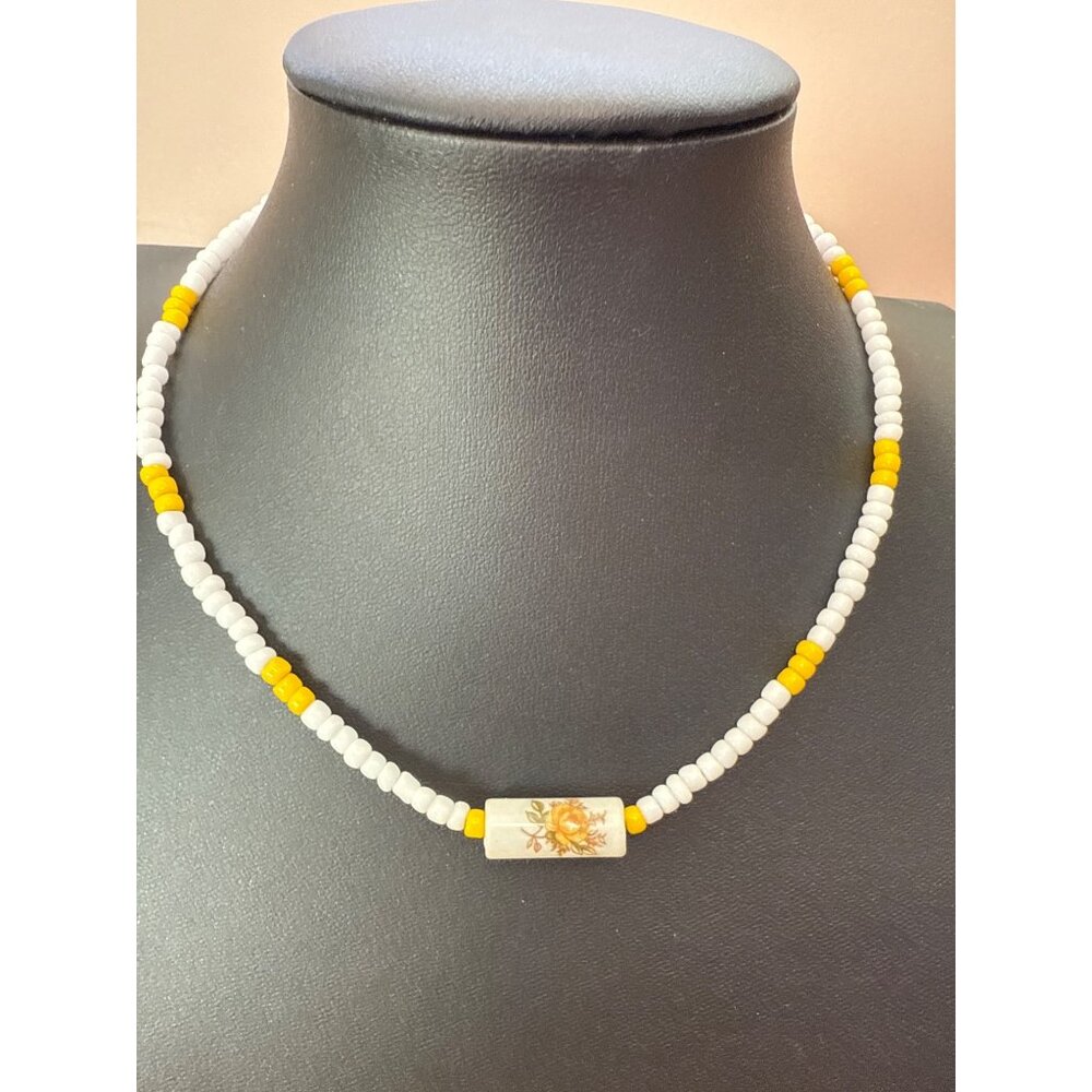 Yellow & White Beaded Necklace With Floral Ceramic Pendant